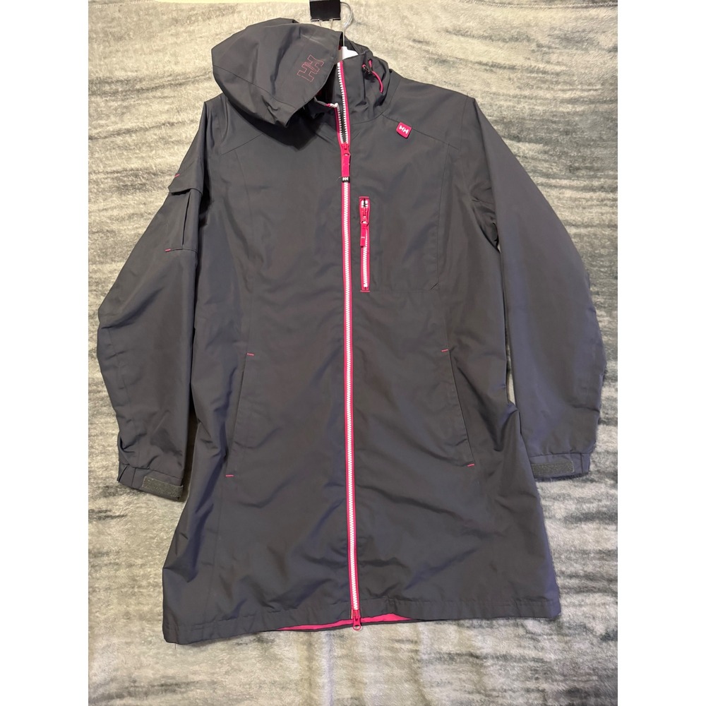 Helly Hansen Women Gray Pink Waterproof Hooded Rain Parka Jacket Coat Long Shell